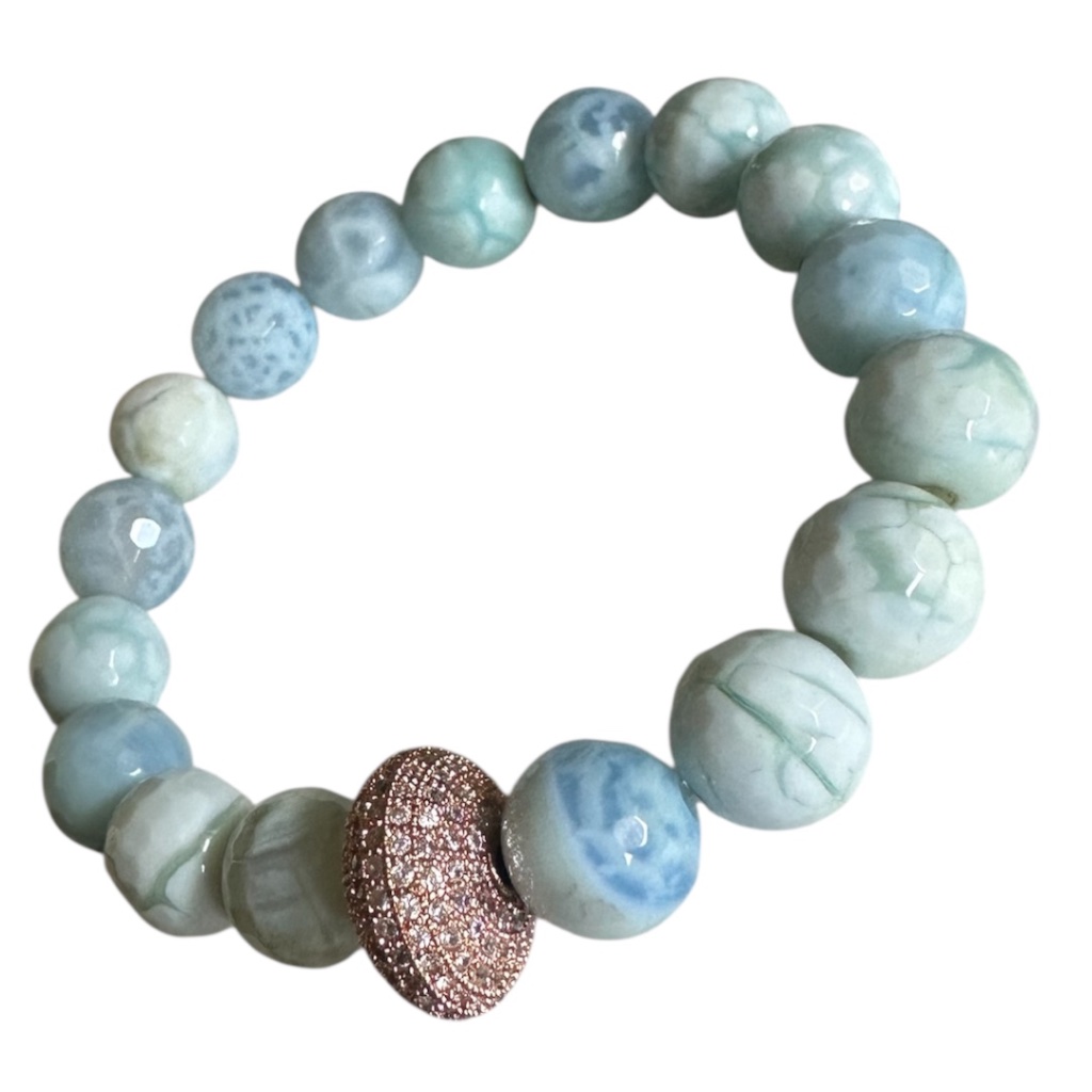 10mm Faceted Sea Blue Tumbled Agate Stretch Bracelet With Pave Rose Gold Spacer